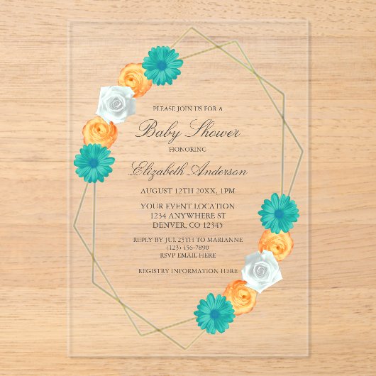 Oranje Turquoise Bloemige Geometrische Baby Shower Acryl Uitnodigingen (Voorkant)
