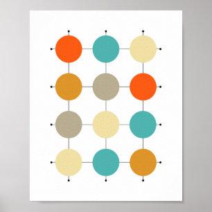 Oranje Turquoise Cream Tan-cirkels op raster Poster