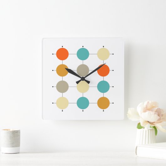 Oranje turquoise - crèmecirkels op raster midden e vierkante klok (Huis)