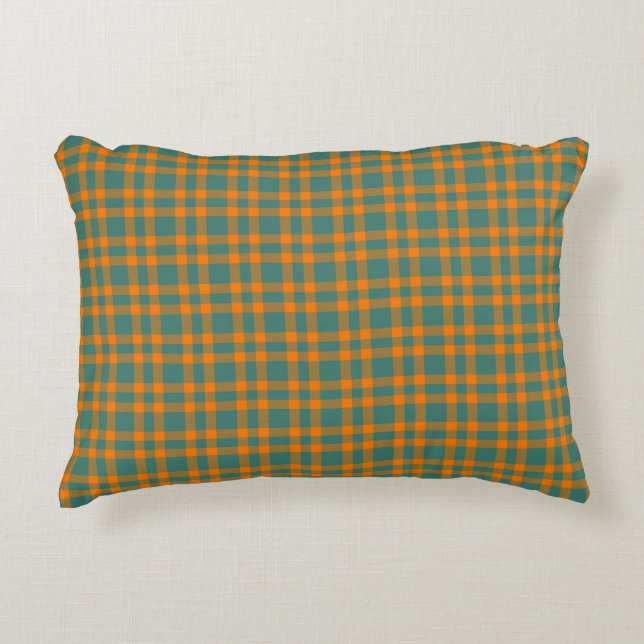 Oranje Turquoise Gestreepte Plaid Patroon Accent Kussen (Voorkant)