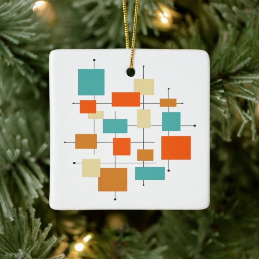 Oranje Turquoise Squares Middeleeuwse kerst Keramisch Ornament (Boom)