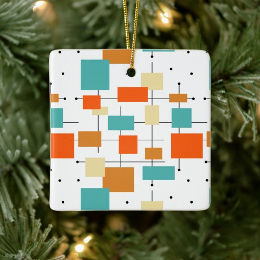 Oranje Turquoise Squares Middeleeuwse kerst Keramisch Ornament (Boom)