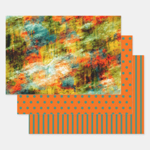 Oranje Turquoise Waterverf Stippen Streep Inpakpapier Vel