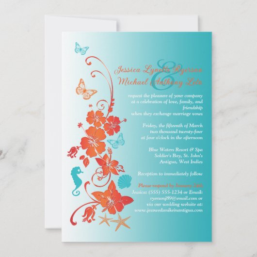 Oranje, Turquoise, Witte Bestemming Trouwdag Kaart (Achterkant)