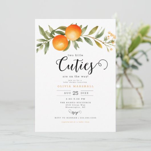 Oranje twee kleine cuties tweeling Baby shower Kaart (Staand voorkant)