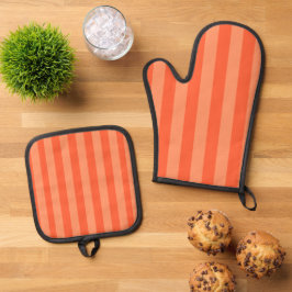 Oranje tweetonige strepen ovenwant & pannenlap set