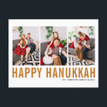 Oranje Typografie Foto Collage Happy Hanukkah Feestdagenkaart<br><div class="desc">Happy Hanukkah!  Happy Hanukkah-fotocollage-briefkaart met oranje eenvoudige typografie en sneeuwpatroon. Personaliseer door drie foto's,  namen,  jaar en andere details toe te voegen. Dit moderne Hanukkah-briefkaart is verkrijgbaar in andere kleuren en in kartonnen dozen.</div>
