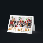 Oranje Typografie Happy Hanukkah-fotocollage Feestdagen Kaart<br><div class="desc">Happy Hanukkah!  Happy Hanukkah-fotocollage met oranje eenvoudige typografie en sneeuwpatroon. Personaliseer door drie foto's,  namen,  jaar en andere details toe te voegen. Deze moderne Hanukkah-kaart is verkrijgbaar in andere kleuren en in andere kartonnen dozen.</div>