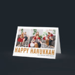 Oranje Typografie Happy Hanukkah-fotocollage Feestdagen Kaart<br><div class="desc">Happy Hanukkah!  Happy Hanukkah-fotocollage met oranje eenvoudige typografie en sneeuwpatroon. Personaliseer door drie foto's,  namen,  jaar en andere details toe te voegen. Deze moderne Hanukkah-kaart is verkrijgbaar in andere kleuren en in andere kartonnen dozen.</div>