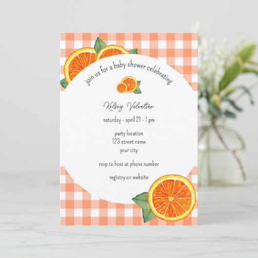 Oranje uitnodiging tot Baby shower van Citrus (Staand voorkant)