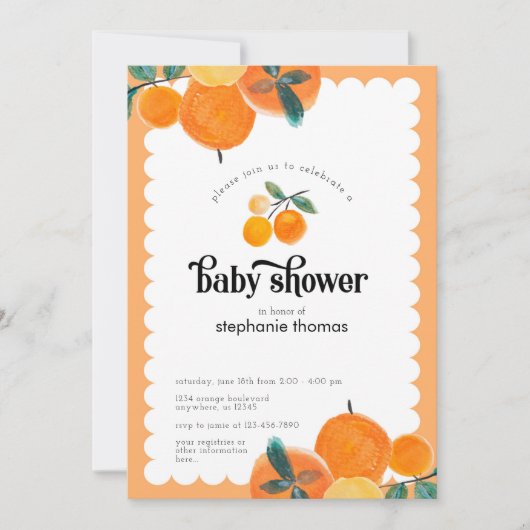Oranje uitnodiging tot Baby shower van Citrus (Voorkant)