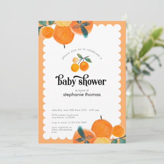 Oranje uitnodiging tot Baby shower van Citrus (Staand voorkant)