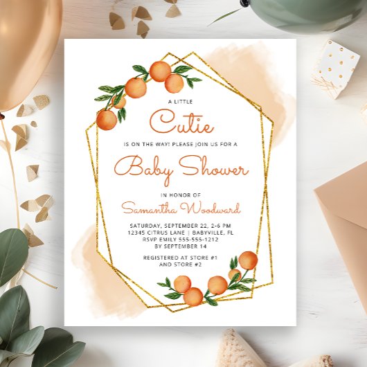 Oranje uitnodiging tot het Baby shower Little Cuti