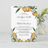 Oranje uitnodiging voor botanische citrusbruiloft (Staand voorkant)