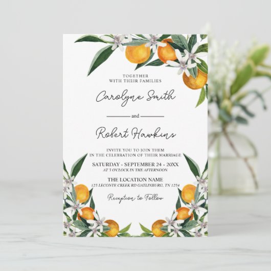 Oranje uitnodiging voor botanische citrusbruiloft (Staand voorkant)