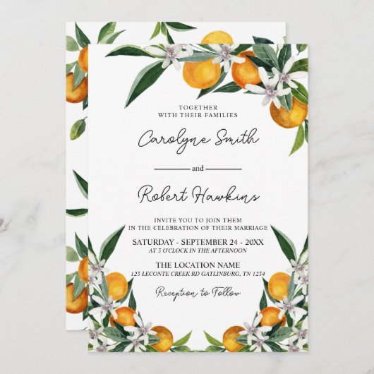 Oranje uitnodiging voor botanische citrusbruiloft (Voorkant / Achterkant)