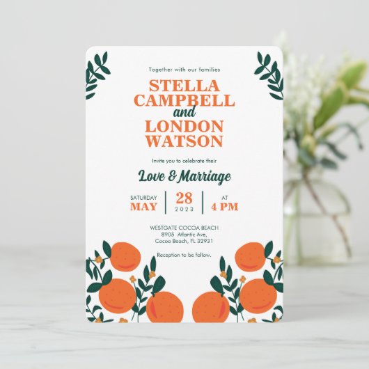 Oranje uitnodiging voor bruiloft (Staand voorkant)