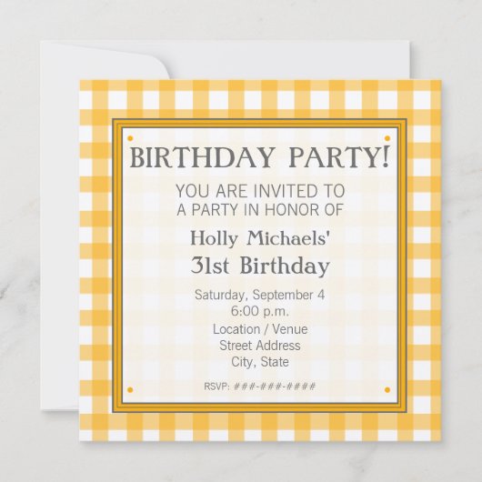 Oranje uitnodiging voor de Birthday-partij Gingham (Voorkant)