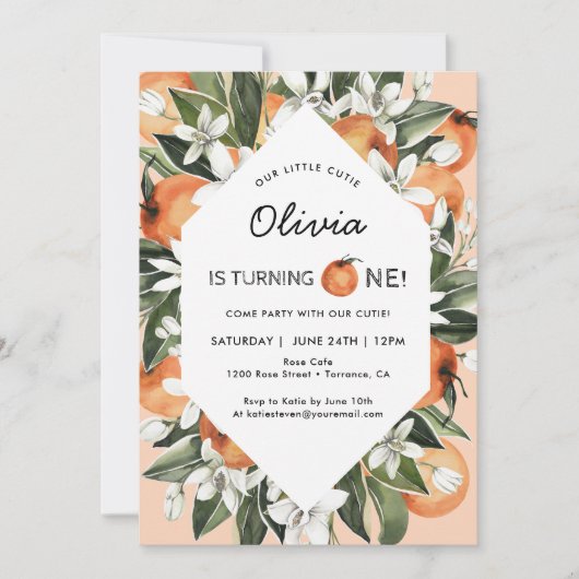 Oranje uitnodiging voor de eerste verjaardag van d (Voorkant)