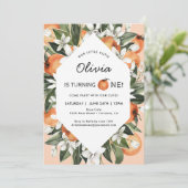 Oranje uitnodiging voor de eerste verjaardag van d (Staand voorkant)