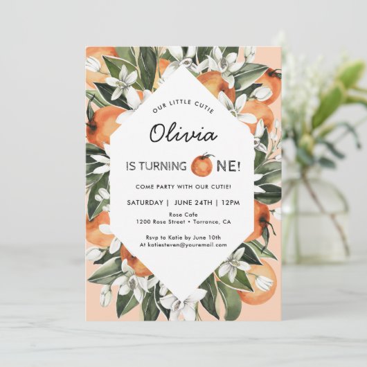 Oranje uitnodiging voor de eerste verjaardag van d (Staand voorkant)