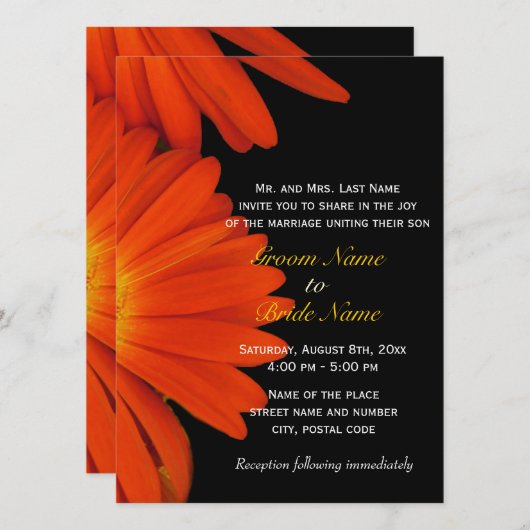 Oranje uitnodiging voor het huwelijk in gerbera da (Voorkant / Achterkant)