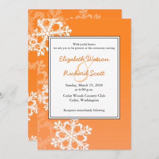 Oranje uitnodiging voor kerstbruiloft met Snowflak (Voorkant / Achterkant)