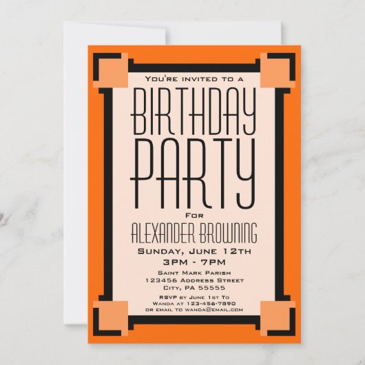 Oranje uitnodiging voor kunstartikel deco Birthday (Voorkant)