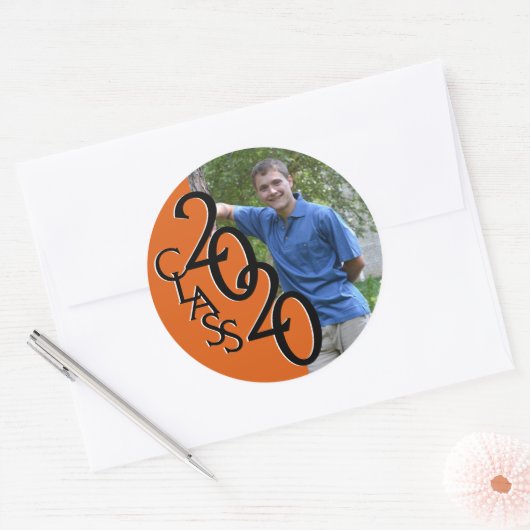 Oranje Varsity 2020 Afstuderen Klasse met Foto Ronde Sticker (Envelop)