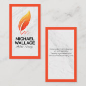Oranje veer pen Logo | Wit Marmer Visitekaartje (Voorkant / Achterkant)