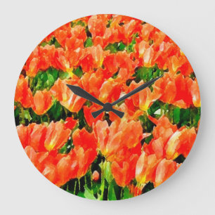 Oranje veld van tulpen grote klok