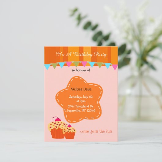 Oranje ventilator en cupcake (uitnodiging van afge kaart (Staand voorkant)