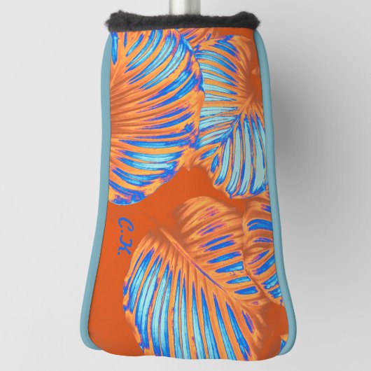 Oranje verbrand en elektroblauw tropisch leder golfheadcover (Draai 90)