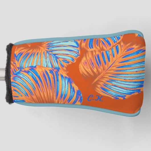 Oranje verbrand en elektroblauw tropisch leder golfheadcover (Voorkant)