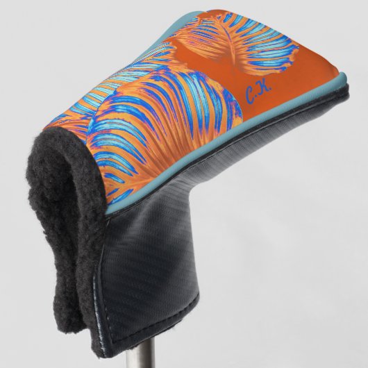 Oranje verbrand en elektroblauw tropisch leder golfheadcover (3/4 voorkant)