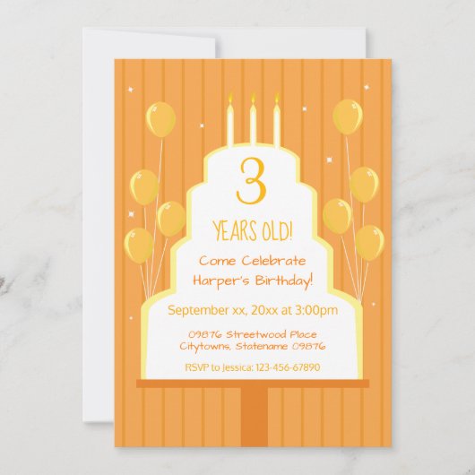 Oranje verjaardagstaart en ballonnen | Uitnodiging (Voorkant)