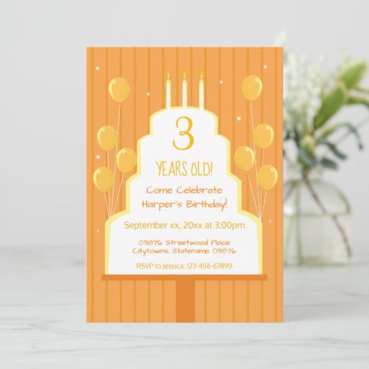 Oranje verjaardagstaart en ballonnen | Uitnodiging (Staand voorkant)