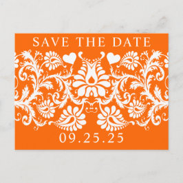 Oranje Victoriaanse bloemendamask Save the Date Aankondigingskaart