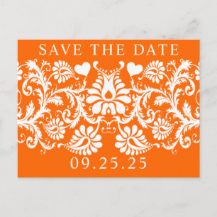 Oranje Victoriaanse bloemendamask Save the Date Aankondigingskaart