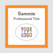 Oranje Vierkante Naam Badge met Logo Pin of Magnet (Voorkant)