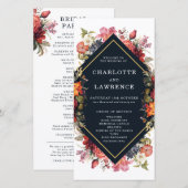 Oranje vintage bloem bruiloftsprogramma (Voorkant / Achterkant)