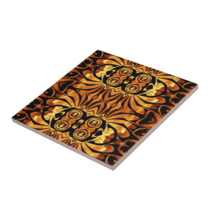 oranje vlammen Inheems totempaal stampatroon Tegeltje