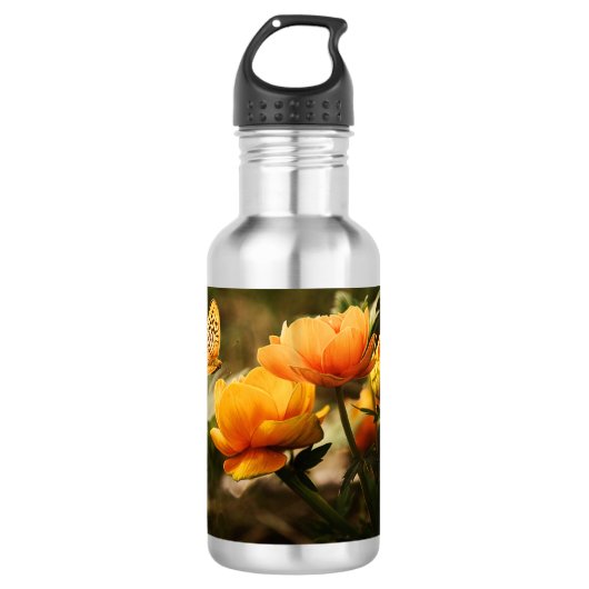 Oranje vlinder en bloemen waterfles (Voorkant)