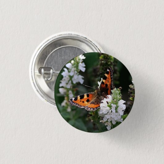 Oranje vlinder en witte bloesems ronde button 3,2 cm (Voorkant /achterkant)