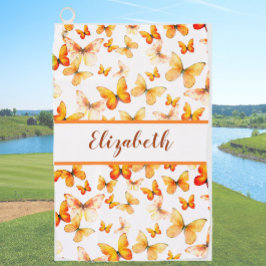  oranje vlinder met aangepaste naam dames golfhanddoek