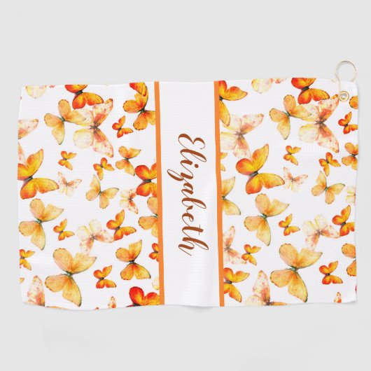 oranje vlinder met aangepaste naam dames golfhanddoek (Horizontaal)