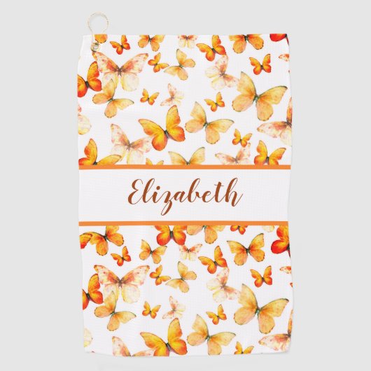  oranje vlinder met aangepaste naam dames golfhanddoek (Voorkant)