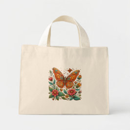 Oranje vlinder met bloemetjes mini tote bag