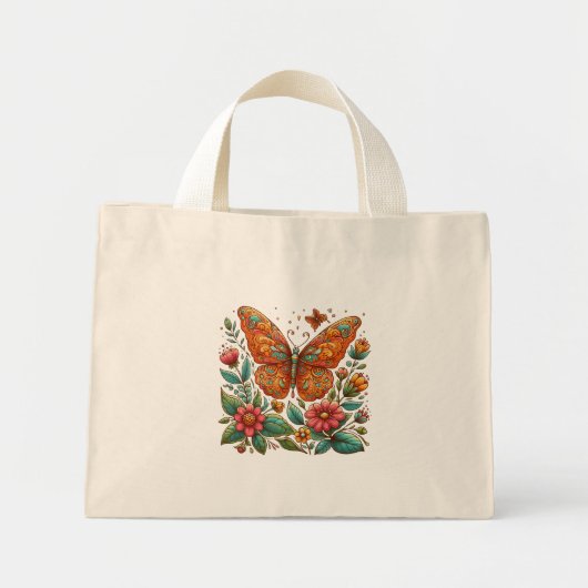 Oranje vlinder met bloemetjes mini tote bag (Voorkant)