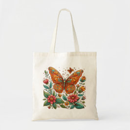 Oranje vlinder met bloemetjes tote bag